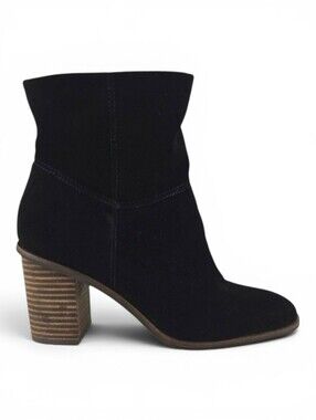 NWOB Lucky Brand Women’s Black Suede Heeled Ankle Booties Stacked Heel 6M 36.5